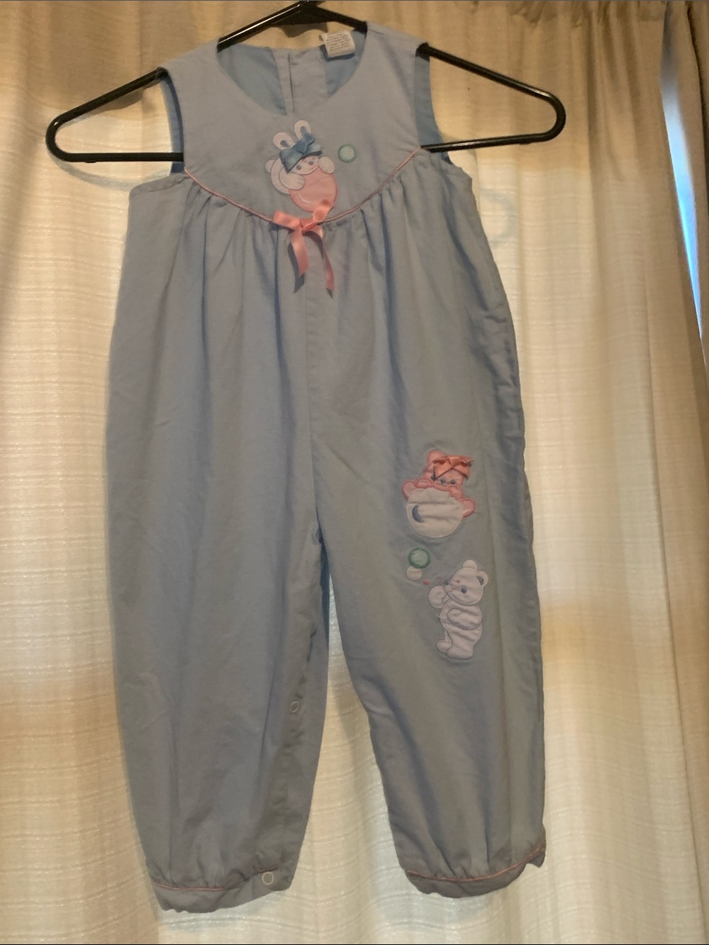 Vintage Light Blue Baby Romper with Playful Bear Appliqués